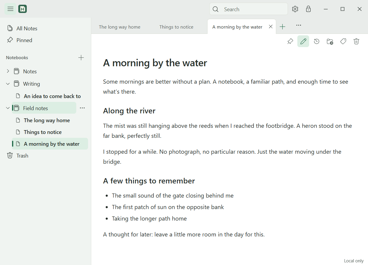 HoweNotes Windows app with notebooks, note tabs, and a fictional note called A morning by the water.