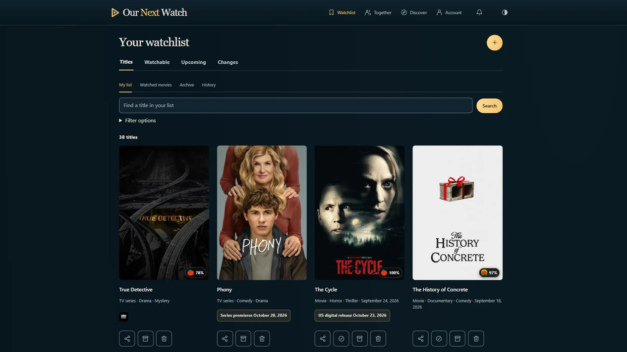 Our Next Watch header, navigation, watchlist tabs, search and filters above four complete entries with release details, availability, and action buttons.